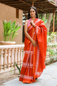 Dust Red Border Block Print Mul Saree with Blouse Piece