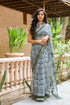 White & Bottle Green Block Print Kota Doria Saree with Blouse Piece