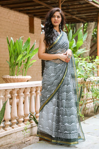 White & Bottle Green Block Print Kota Doria Saree with Blouse Piece