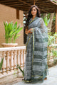 White & Bottle Green Block Print Kota Doria Saree with Blouse Piece