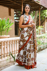 Ivory & Brown Block Print Mul Saree with Blouse Piece