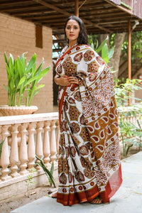Ivory & Brown Block Print Mul Saree with Blouse Piece