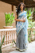 White & Turquoise Block Print Kota Doria Saree with Blouse Piece