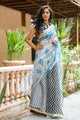White & Turquoise Block Print Kota Doria Saree with Blouse Piece