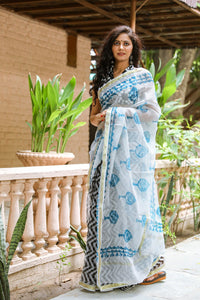 White & Turquoise Block Print Kota Doria Saree with Blouse Piece