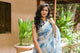 White & Turquoise Block Print Kota Doria Saree with Blouse Piece