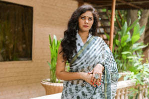 White & Bottle Green Block Print Kota Doria Saree with Blouse Piece