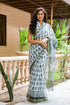 White & Bottle Green Block Print Kota Doria Saree with Blouse Piece