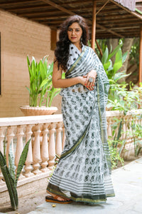 White & Bottle Green Block Print Kota Doria Saree with Blouse Piece
