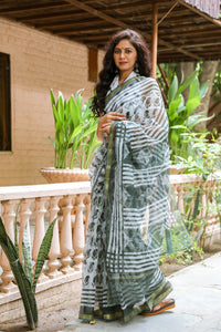 White & Bottle Green Block Print Kota Doria Saree with Blouse Piece