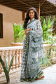 White & Bottle Green Block Print Kota Doria Saree with Blouse Piece