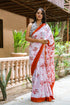 White & Red Batik Block Butta Print Mul Saree with Blouse Piece