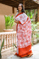 White & Red Batik Block Butta Print Mul Saree with Blouse Piece
