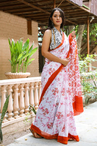 White & Red Batik Block Butta Print Mul Saree with Blouse Piece