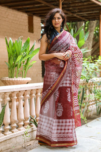 Burgundy Block Print Kota Doria Saree with Blouse Piece