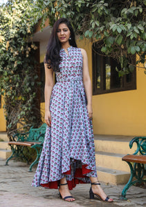 Grey Block Butti Print Up Down Dress