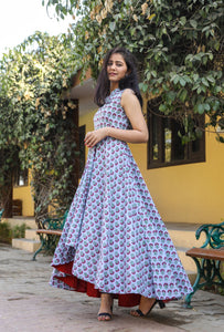 Grey Block Butti Print Up Down Dress