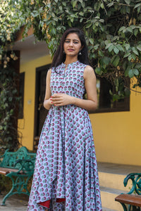 Grey Block Butti Print Up Down Dress