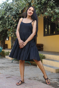 Black Solid Printex Short Dress