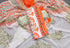 White & Orange Block Print Unstitched Suit Set Material