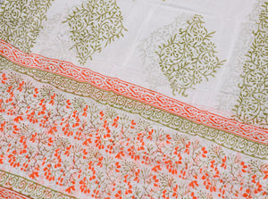 White & Orange Block Print Unstitched Suit Set Material