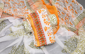 White & Yellow Jaal Block Print Cotton Suit Set Material