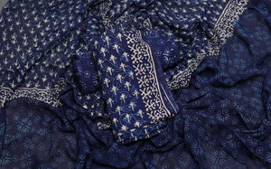 Blue Khadi Block Butti Print Cotton Salwar Suit Set Material