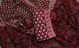 Burgundy Khadi Block Butti Print Salwar Suit Set Material