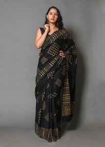 Black & Mustard Geometric Pattern Block Print Mul Cotton Saree with Blouse
