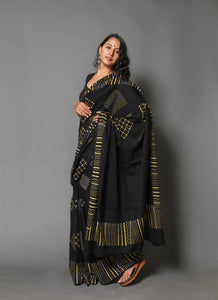 Black & Mustard Geometric Pattern Block Print Mul Cotton Saree with Blouse
