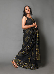 Black & Mustard Geometric Pattern Block Print Mul Cotton Saree with Blouse
