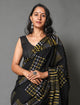 Black & Mustard Geometric Pattern Block Print Mul Cotton Saree with Blouse