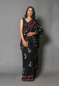 Black & White Triangle Block Print Mul Cotton Saree With Blouse