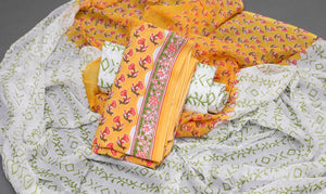 Mustard Flower Block Butti Print Cotton Salwar Suit Set Material