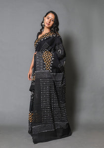 Black & Mustard Zikzak Block Print Mul Cotton Saree with Blouse