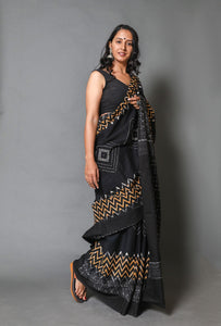 Black & Mustard Zikzak Block Print Mul Cotton Saree with Blouse