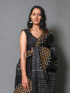Black & Mustard Zikzak Block Print Mul Cotton Saree with Blouse