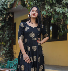 Black Golden Print Butta Dress