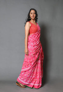 Pink & Red Block Butta Print Mul Cotton Saree with Blouse