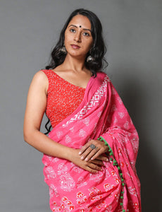 Pink & Red Block Butta Print Mul Cotton Saree with Blouse