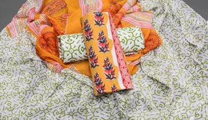 Orange Block Butti Print Cotton Suit Set Material