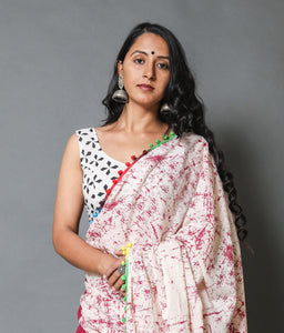 Pink Batik & Block Print Mul Cotton Saree with Blouse