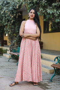 Peach Block Butti Print Dress