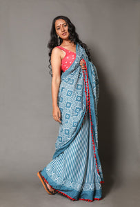 Rama Block Jaal & Lining Print Mul Cotton Saree with Blouse