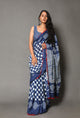 Blue Overall Block Print Mul Cotton Saree With Blouse