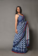 Blue Overall Block Print Mul Cotton Saree With Blouse