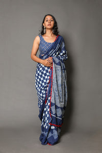 Blue Overall Block Print Mul Cotton Saree With Blouse