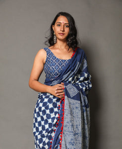 Blue Overall Block Print Mul Cotton Saree With Blouse