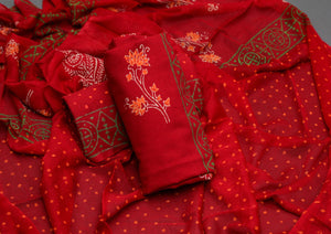Red Napthol Block Butta Print Cotton Salwar Suit Set Material