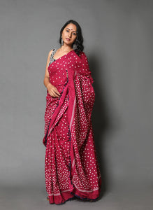 Burgundy Polka Dot Print Mul Cotton Saree with Blouse
